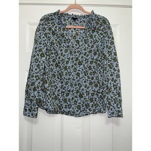 TALBOTS Blue Green DITSY FLORAL SMOCKED TOP Shirt Cottagecore Small Career Coast